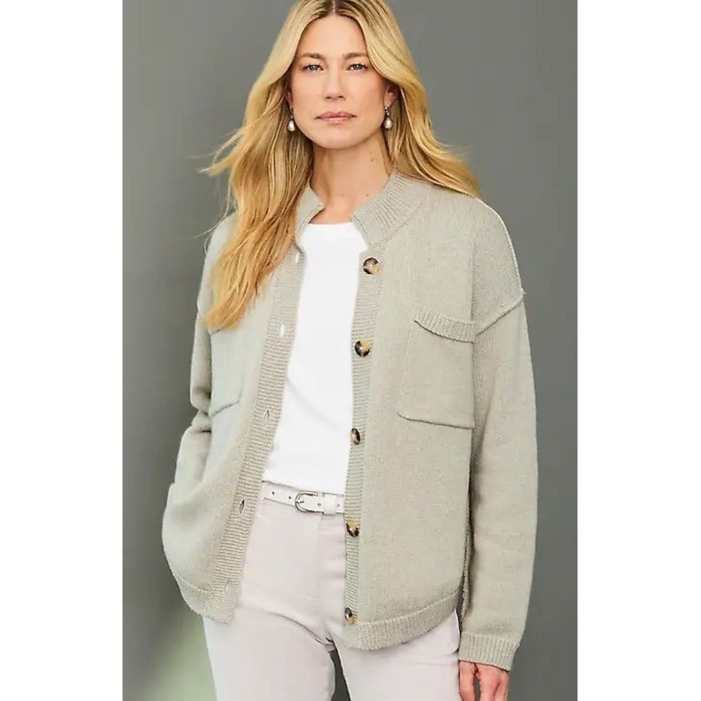 J. Jill Women XL Gray Cotton Button Front Cardigan Sweater Mock Neck 334581 NEW